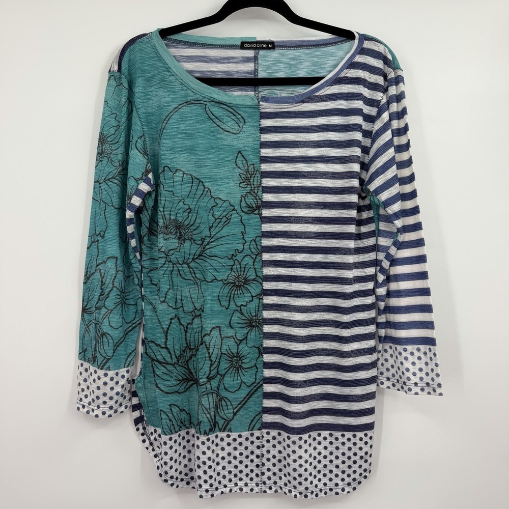 DAVID CLINE Tunic Womens M Green Scoop Neck Long Sleeve Colorblock Lightweight